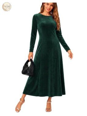 Elegant Velvet Midi Dress Scoop Neck Long Sleeve Ruched
